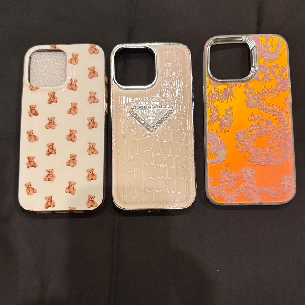 Designer Phone Case Trio - Teddy Bear, Crocodile Beige, Dragon 16 pro max